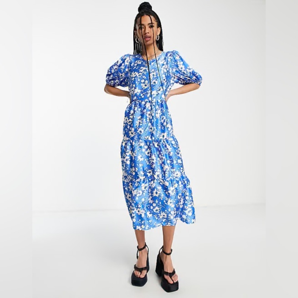 ASOS Blue and White Puff Sleeve Sundress